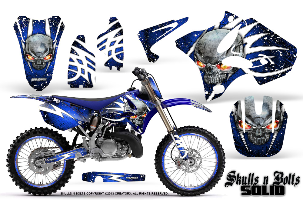 Yamaha YZ125-YZ250 02-12 Graphics Kit Skulls n Bolts Solid White Blue NP Rims